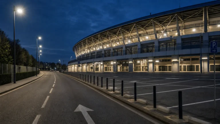 Toegangsweg en parkeerzone langs een voetbalstadion in de avond