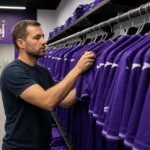 Werkruimte met paarse voetbalshirts op rekken in de uitrustingsruimte van RSC Anderlecht.
