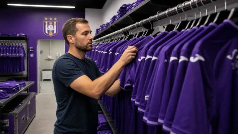 Werkruimte met paarse voetbalshirts op rekken in de uitrustingsruimte van RSC Anderlecht.