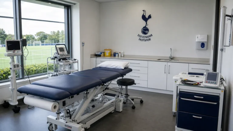 Een lege medische onderzoeksruimte in een voetbalclub met een discreet Tottenham-embleem aan de wand.