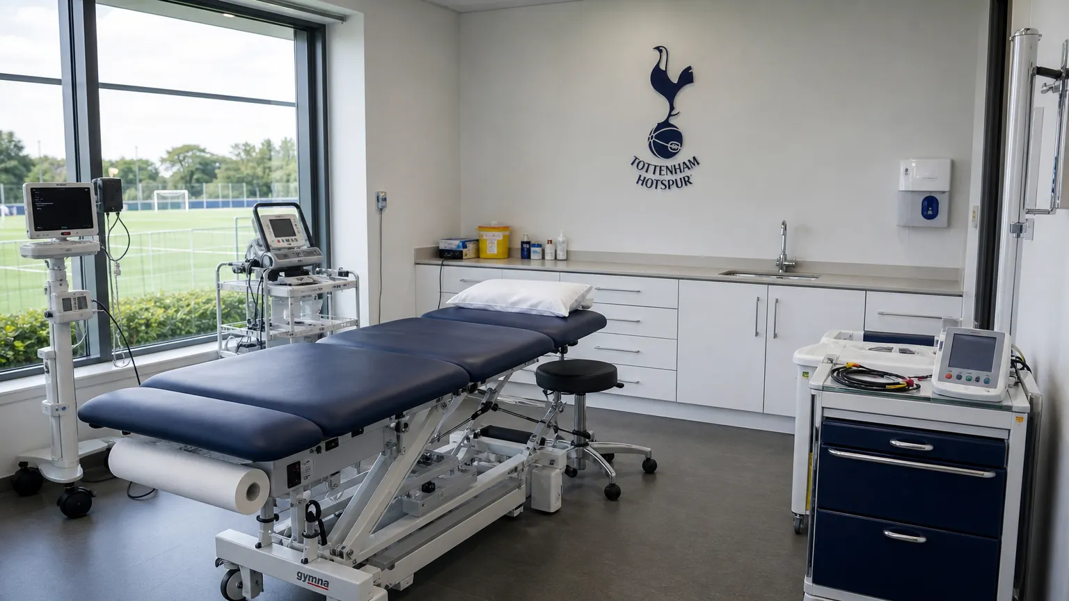 Een lege medische onderzoeksruimte in een voetbalclub met een discreet Tottenham-embleem aan de wand.
