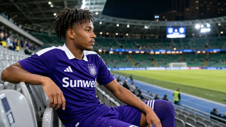 Nathan-Dylan Saliba zit in een stadiontribune in een paars Anderlecht-tenue.