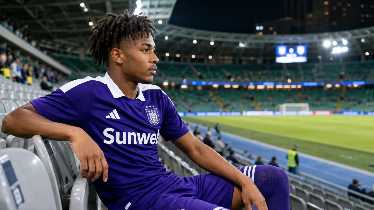 Nathan-Dylan Saliba zit in een stadiontribune in een paars Anderlecht-tenue.