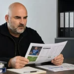 Antoine Sibierski werkt geconcentreerd aan een bureau in een voetbalrekruteringsruimte.