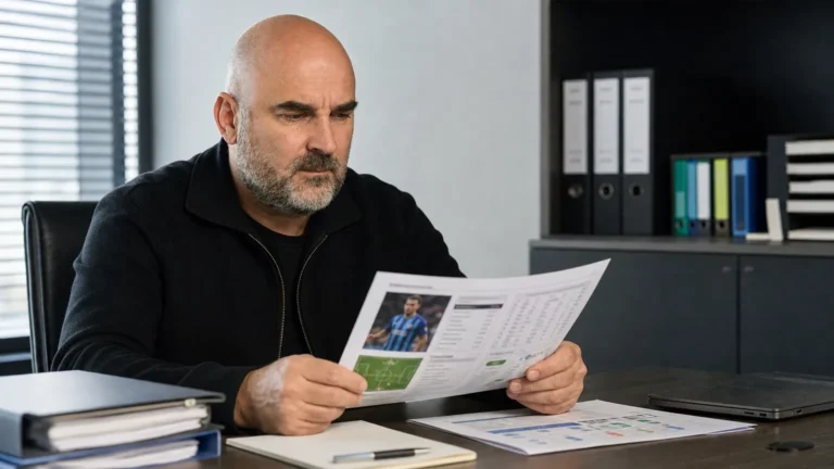 Antoine Sibierski werkt geconcentreerd aan een bureau in een voetbalrekruteringsruimte.