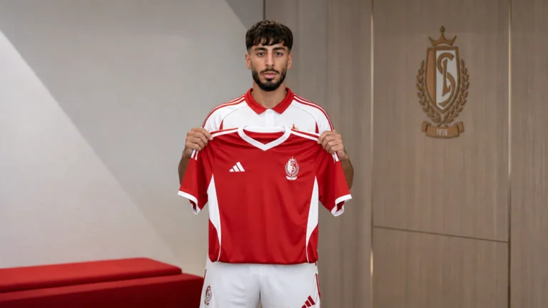 Rayan Touzghar poseert tijdens zijn officiële voorstelling bij Standard.