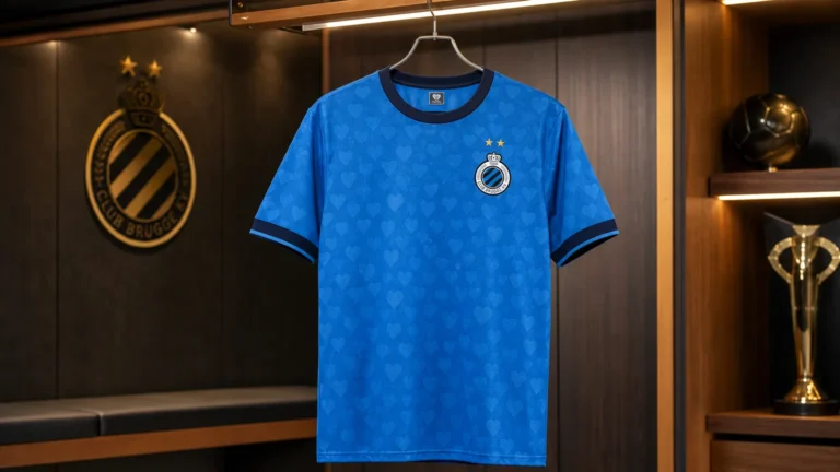 Het blauwe derde shirt van Club Brugge hangt aan een metalen hanger in een verlichte clubruimte.