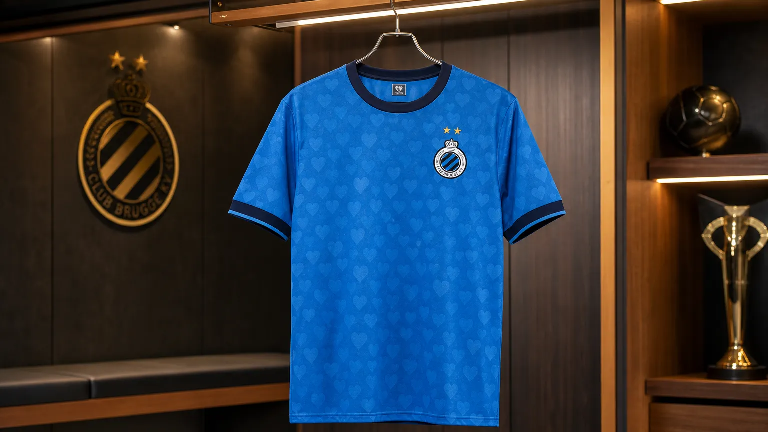 Het blauwe derde shirt van Club Brugge hangt aan een metalen hanger in een verlichte clubruimte.