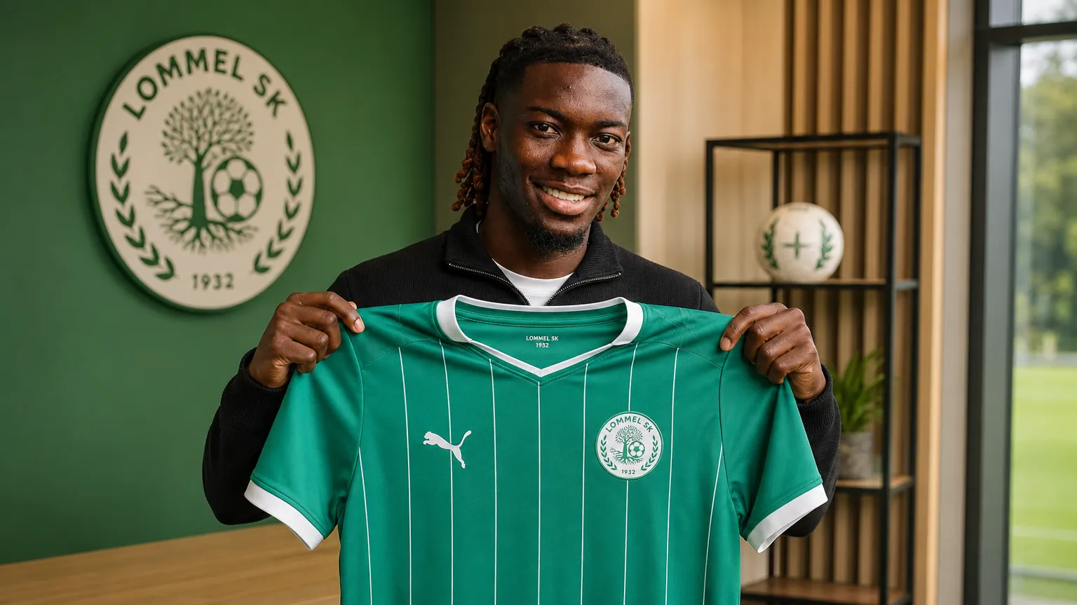 Don-Angelo Konadu toont het shirt van Lommel SK tijdens zijn officiële voorstelling.