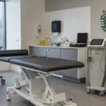 Een voorbereide medische onderzoeksruimte bij Sporting CP met onderzoeksapparatuur.