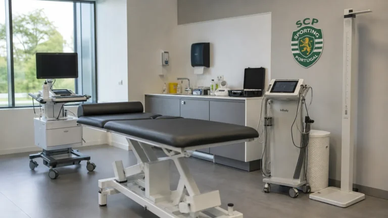 Een voorbereide medische onderzoeksruimte bij Sporting CP met onderzoeksapparatuur.