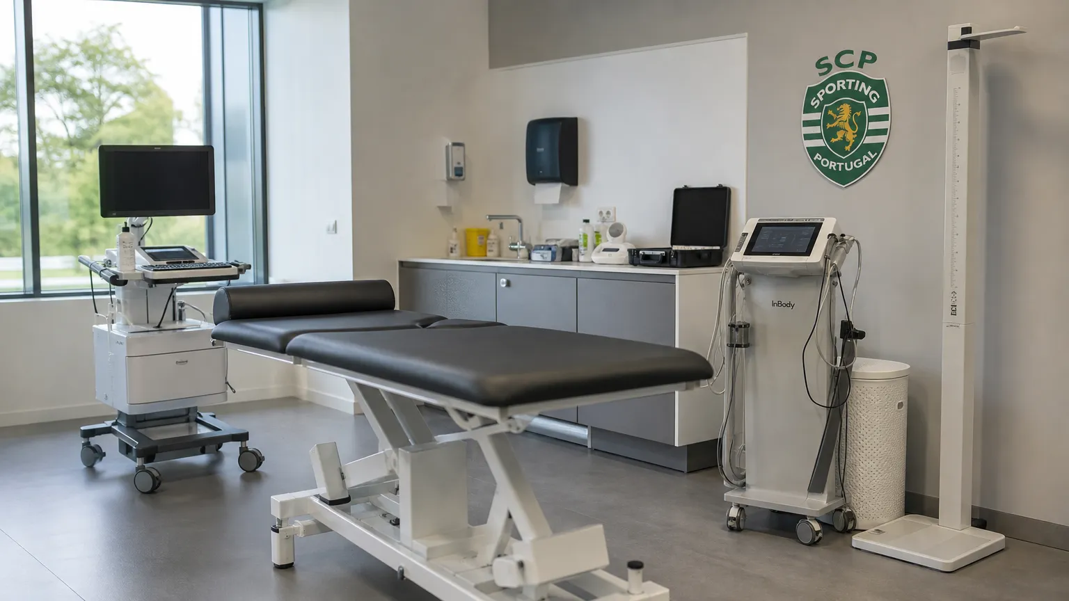 Een voorbereide medische onderzoeksruimte bij Sporting CP met onderzoeksapparatuur.