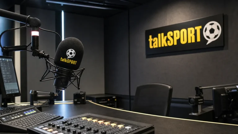 Een radiostudiomicrofoon en mengpaneel in een talkSPORT-studio.