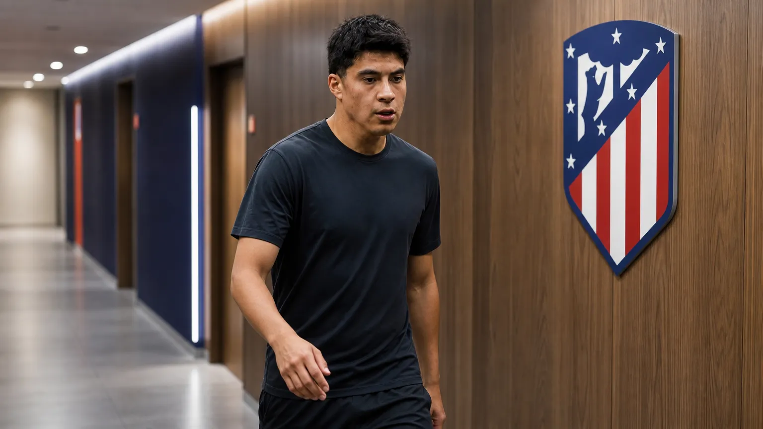 Obed Vargas in neutrale sportkleding in een gang van het trainingscomplex van Atlético Madrid.