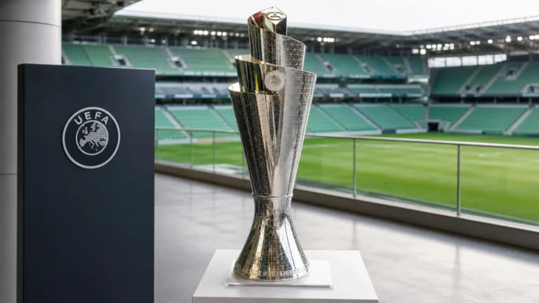 De Nations League-trofee op een display in een stadionomgeving.