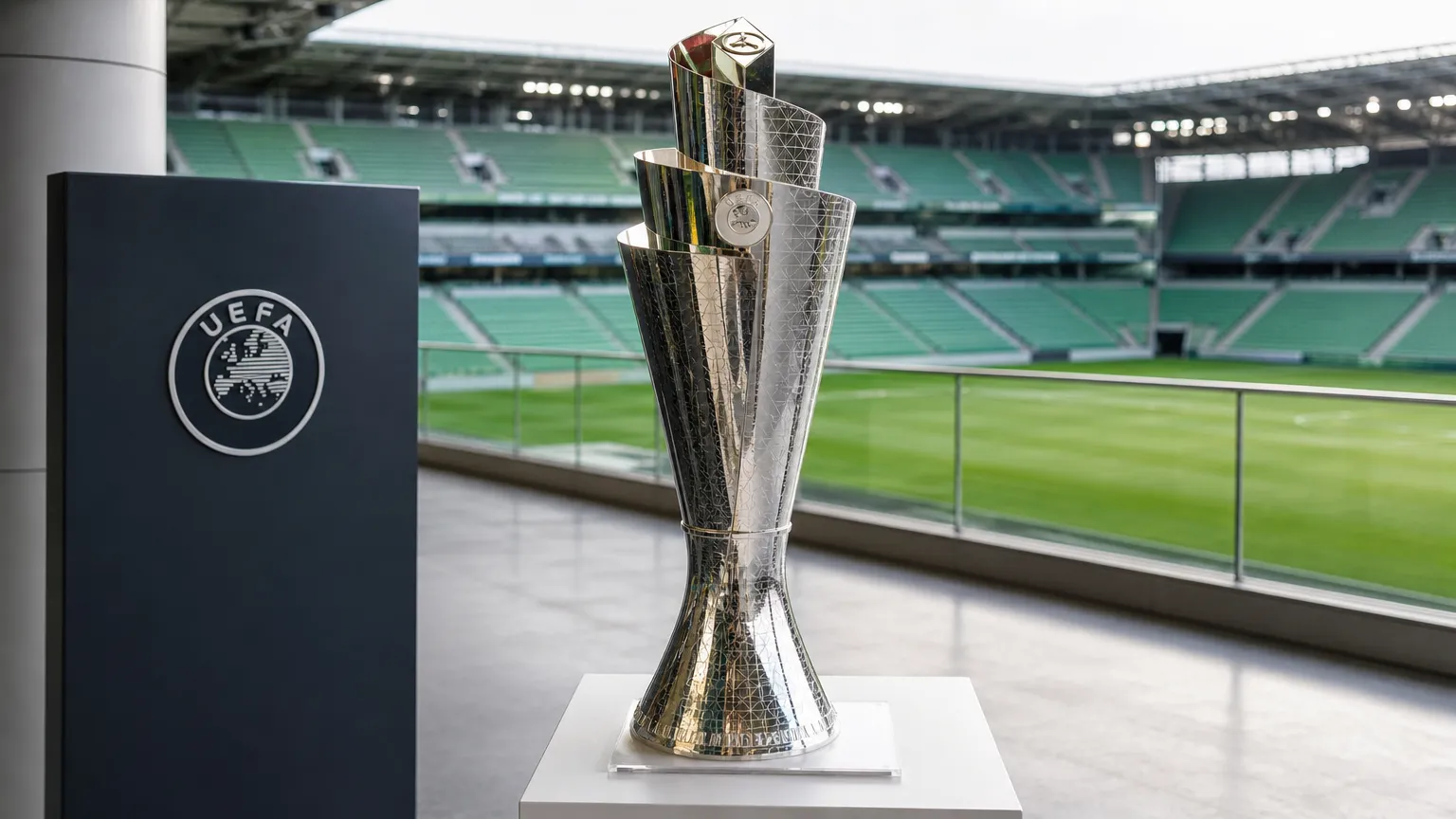 De Nations League-trofee op een display in een stadionomgeving.