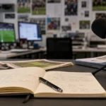 Een redactionele werkplek met notitieboek en microfoon voor een voetbalcommentaar.