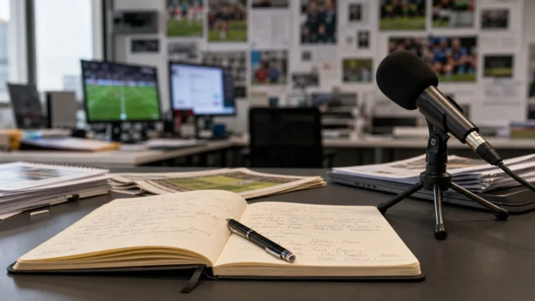 Een redactionele werkplek met notitieboek en microfoon voor een voetbalcommentaar.