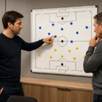 Twee voetbalprofessionals bespreken tactiek naast een bord in een ruimte van SK Beveren.