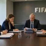 FIFA-functionarissen bespreken dossiers in een moderne vergaderruimte.