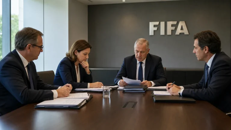 FIFA-functionarissen bespreken dossiers in een moderne vergaderruimte.