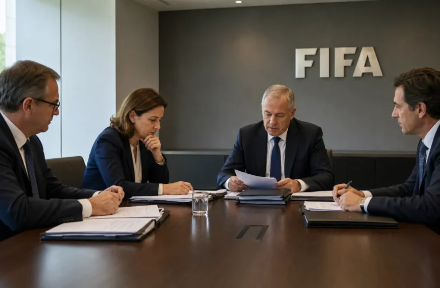 FIFA-functionarissen bespreken dossiers in een moderne vergaderruimte.