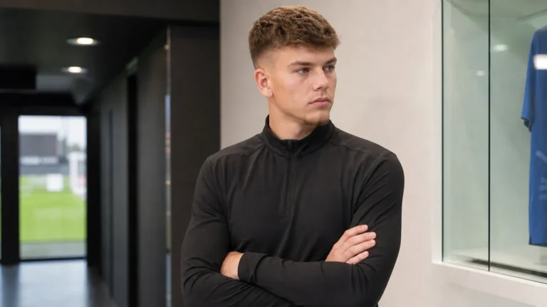 Matteo Dams in neutrale sportkleding in een binnenruimte van een voetbalcomplex.