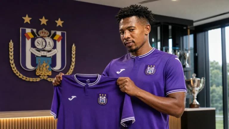 Tawfik Bentayeb poseert met het shirt van RSC Anderlecht tijdens zijn officiële voorstelling.