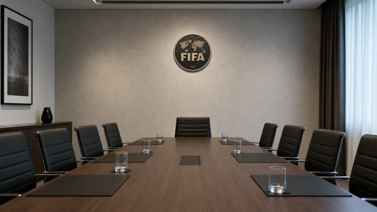 Een formele vergaderruimte met een discreet FIFA-embleem aan de wand.