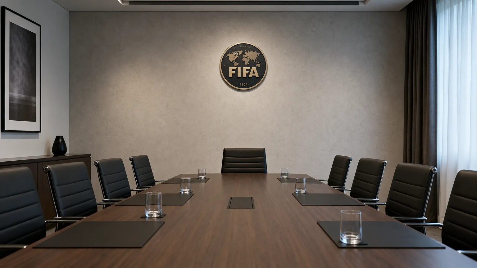 Een formele vergaderruimte met een discreet FIFA-embleem aan de wand.