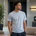 Omar Marmoush in neutrale sportkleding in een rustige ruimte van een voetbalcomplex.