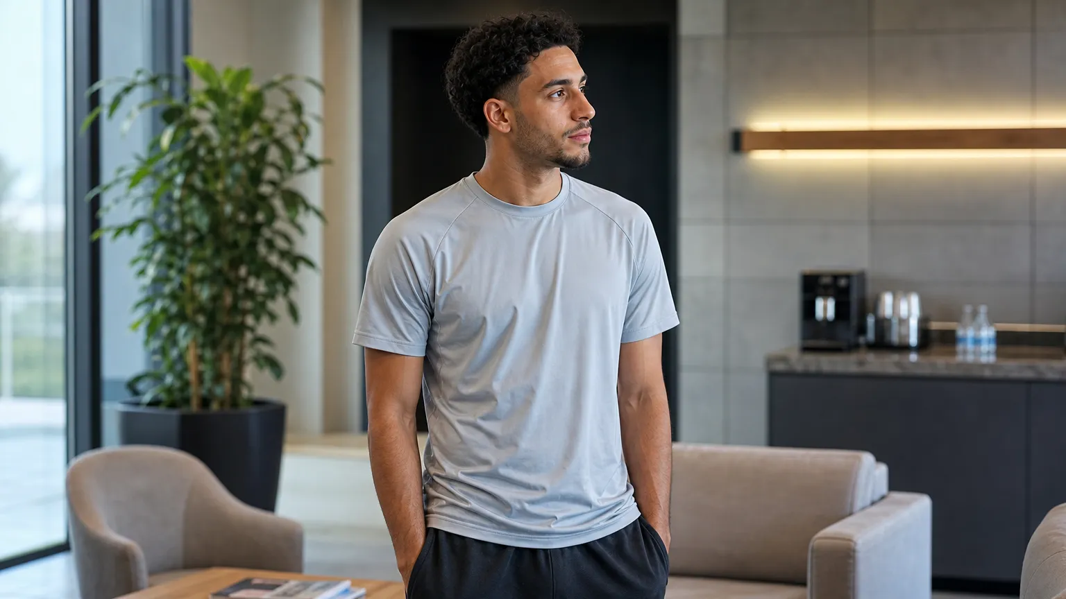 Omar Marmoush in neutrale sportkleding in een rustige ruimte van een voetbalcomplex.