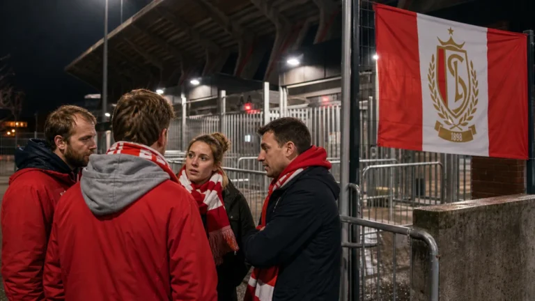 Standard-supporters verzamelen zich rustig aan een stadioningang na een avondwedstrijd.