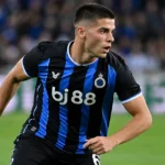 Nicolo Tresoldi van Club Brugge tijdens een wedstrijdmoment op het veld.