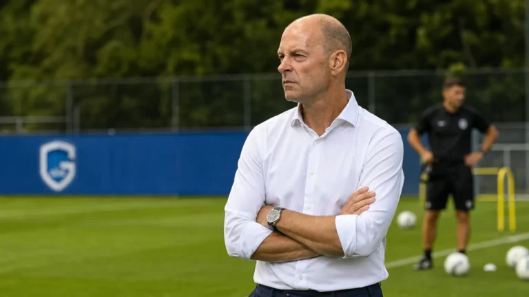 Jess Thorup volgt een oefensessie van KRC Genk langs het trainingsveld.