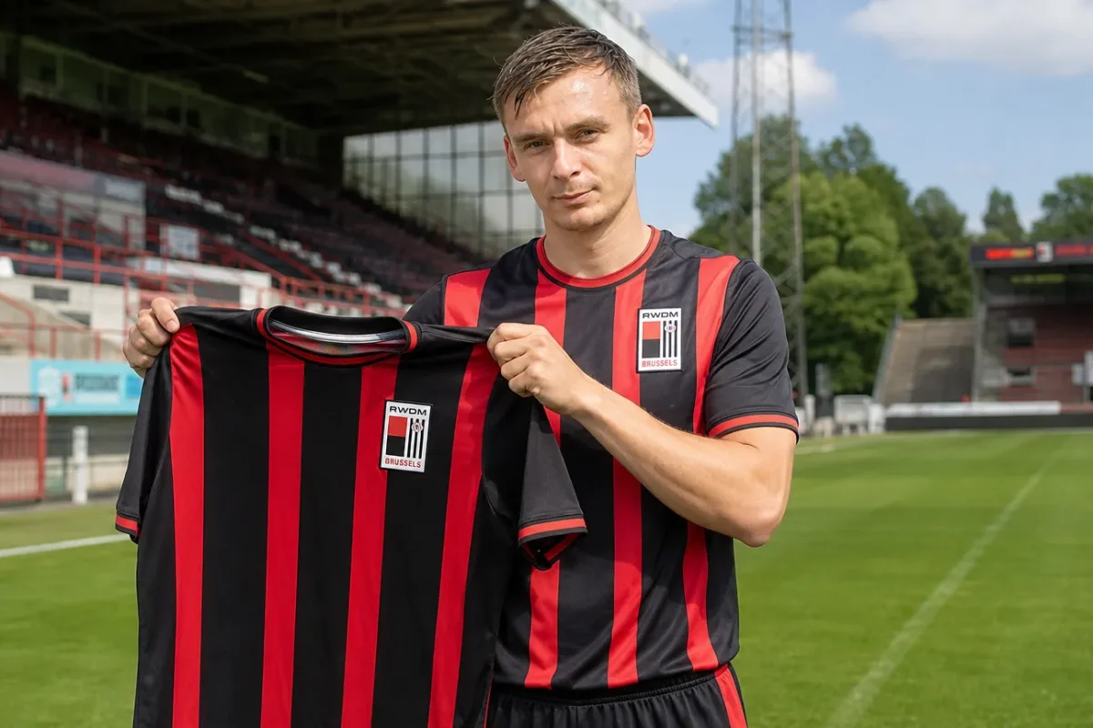 Jasper Van Oudenhove toont een RWDM-shirt in het Edmond Machtensstadion.
