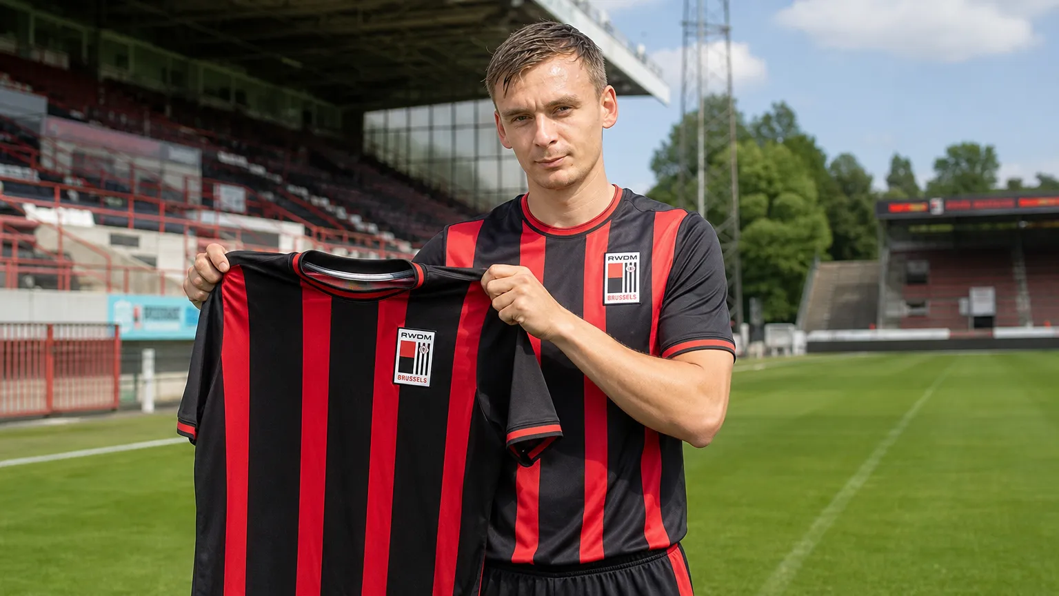 Jasper Van Oudenhove toont een RWDM-shirt in het Edmond Machtensstadion.