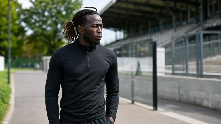 Parfait Guiagon in neutrale sportkleding bij een voetbalstadion.