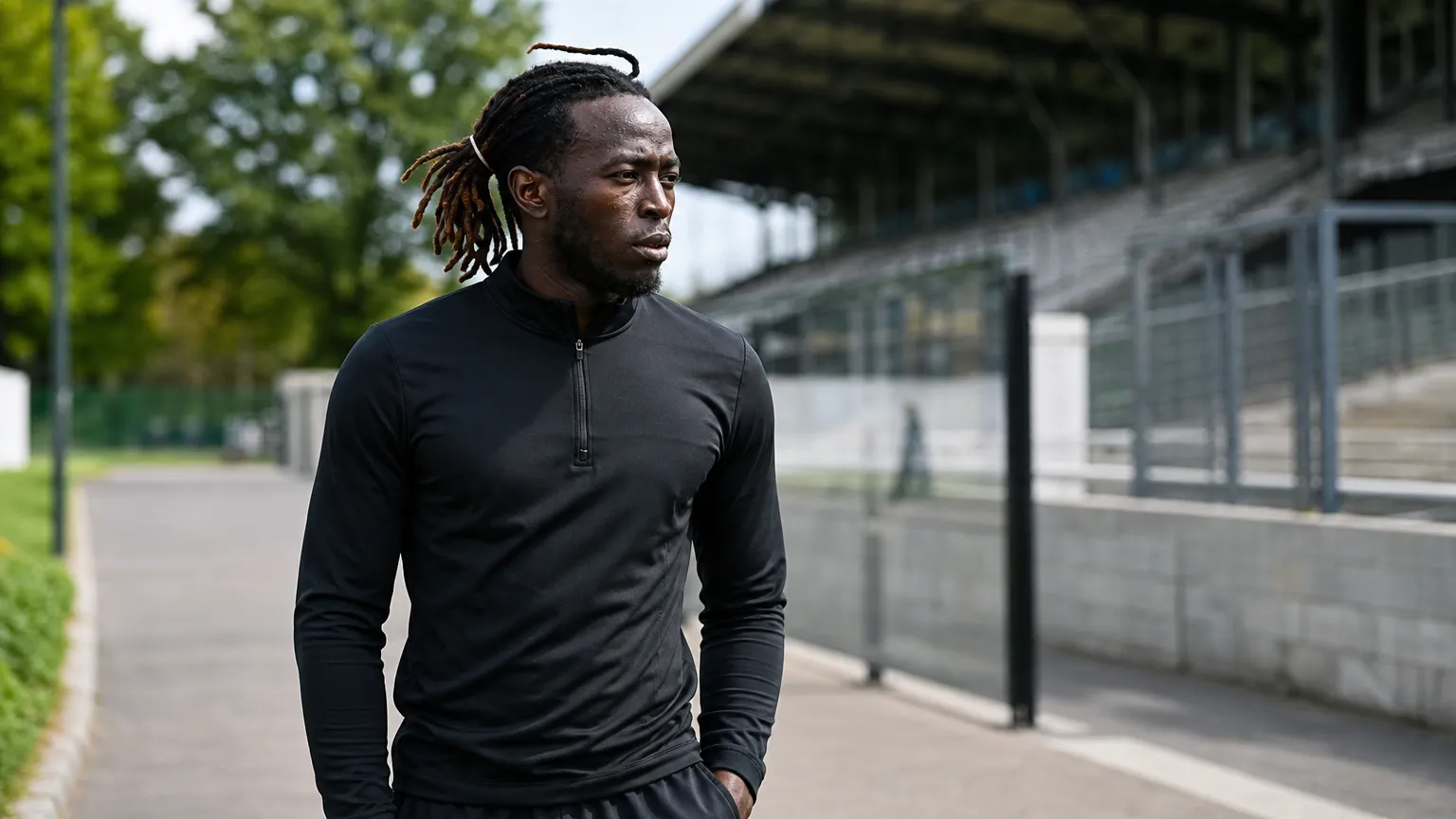 Parfait Guiagon in neutrale sportkleding bij een voetbalstadion.
