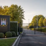 Ingang van het trainingscomplex van RSC Anderlecht op Neerpede met een discreet clubembleem.