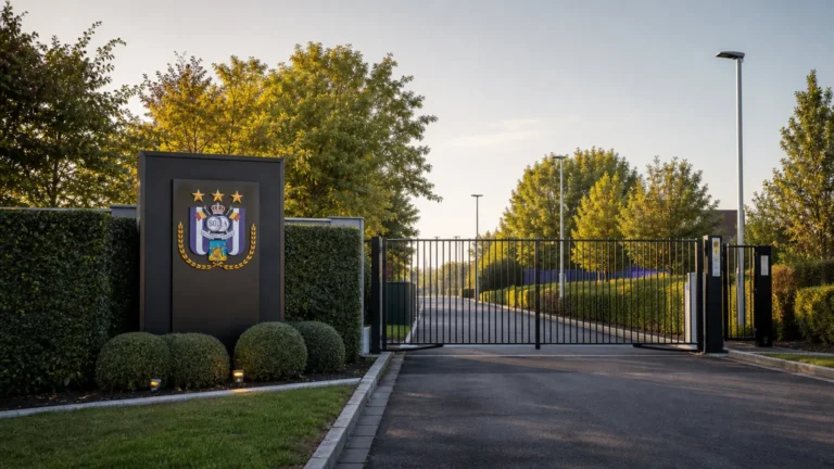 Ingang van het trainingscomplex van RSC Anderlecht op Neerpede met een discreet clubembleem.