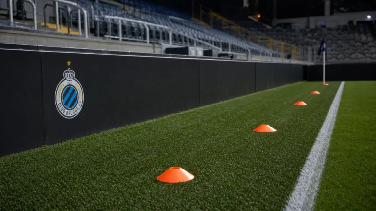 Opwarmzone naast een voetbalveld met kegels en een discreet Club Brugge-bord.