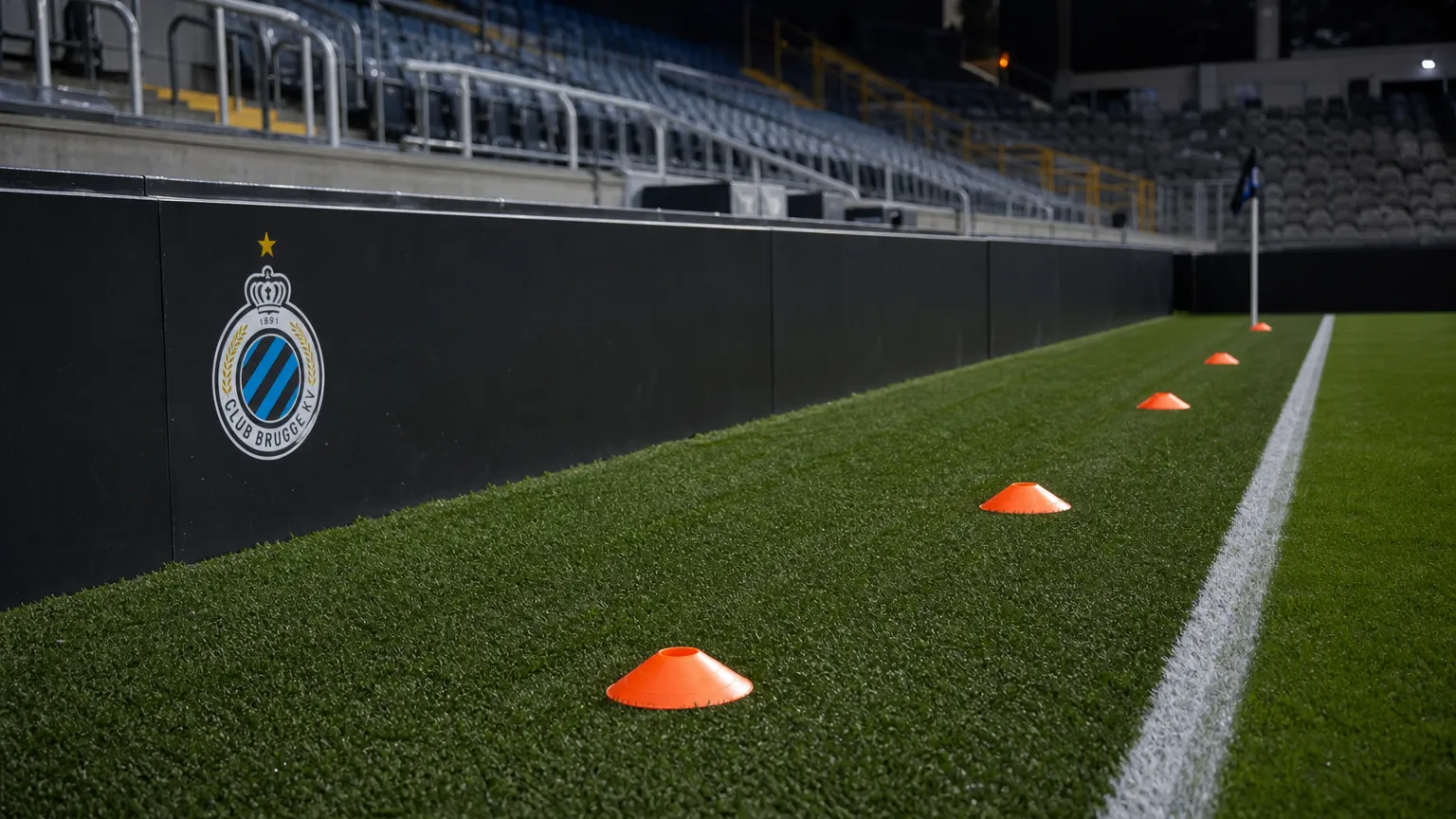 Opwarmzone naast een voetbalveld met kegels en een discreet Club Brugge-bord.