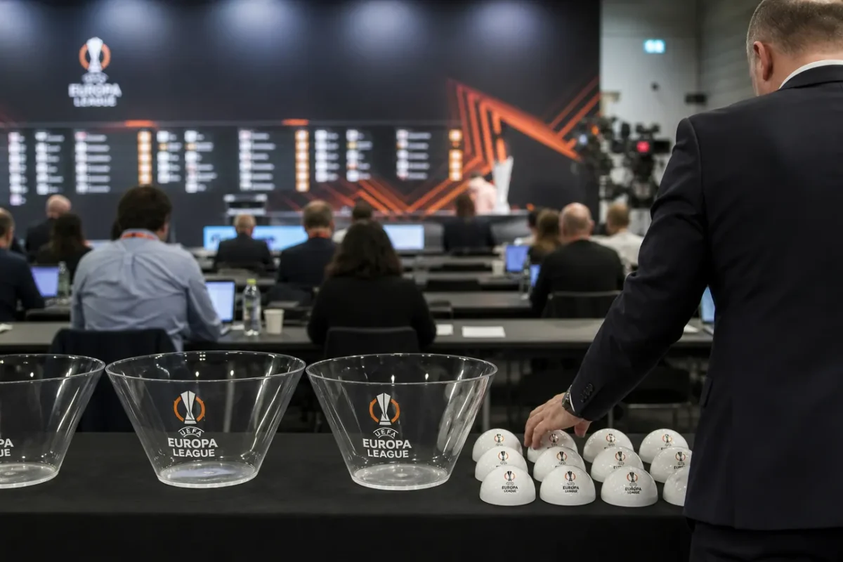 Anonieme officials tijdens een Europese loting in een lotingszaal.