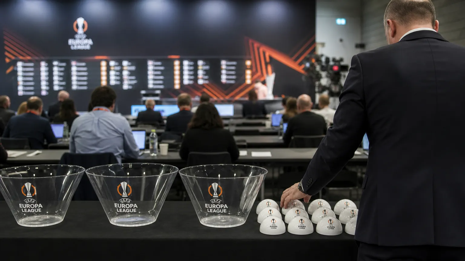 Anonieme officials tijdens een Europese loting in een lotingszaal.