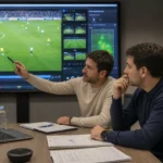 Medewerkers bekijken wedstrijdbeelden in een operationele analysekamer van Villarreal.