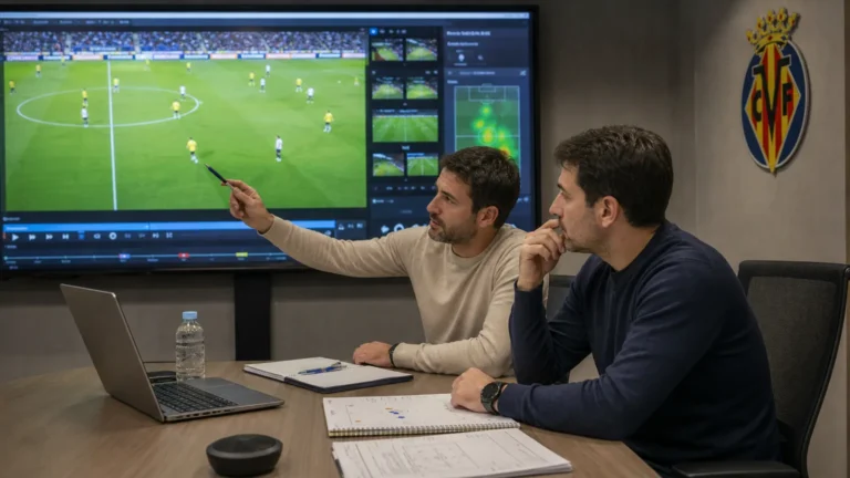 Medewerkers bekijken wedstrijdbeelden in een operationele analysekamer van Villarreal.