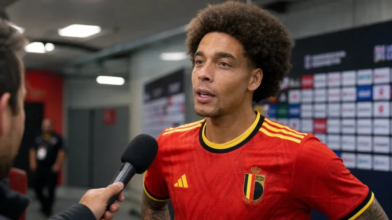 Axel Witsel spreekt in een mixed zone in zijn rode Belgische nationale ploegshirt.