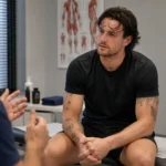 Will Ferry tijdens een medische consultatie in neutrale sportkleding.