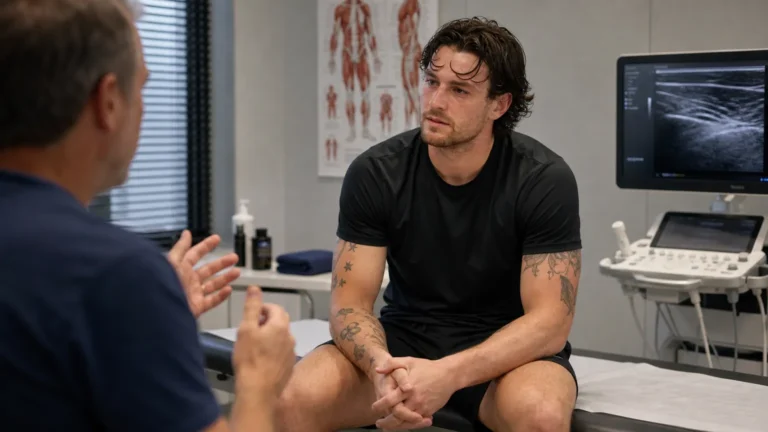 Will Ferry tijdens een medische consultatie in neutrale sportkleding.